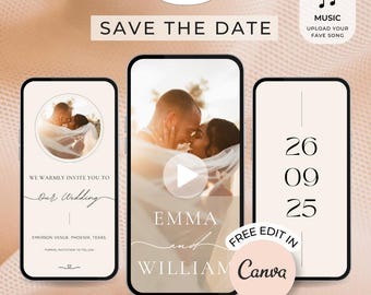May include: A save the date announcement for a wedding with a photo of the couple in a circle on the left, a photo of the couple kissing on the right, and a date on the far right. The text reads "We warmly invite you to our wedding" and "Emma and William".