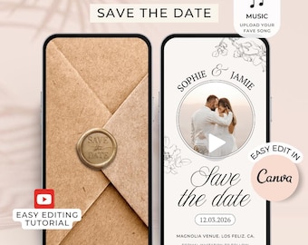 May include: A digital wedding invitation design featuring a brown envelope with a gold seal that reads "Save the Date." The right side shows a phone screen with a photo of a couple, the text "Save the Date," and the date 12.03.2026.