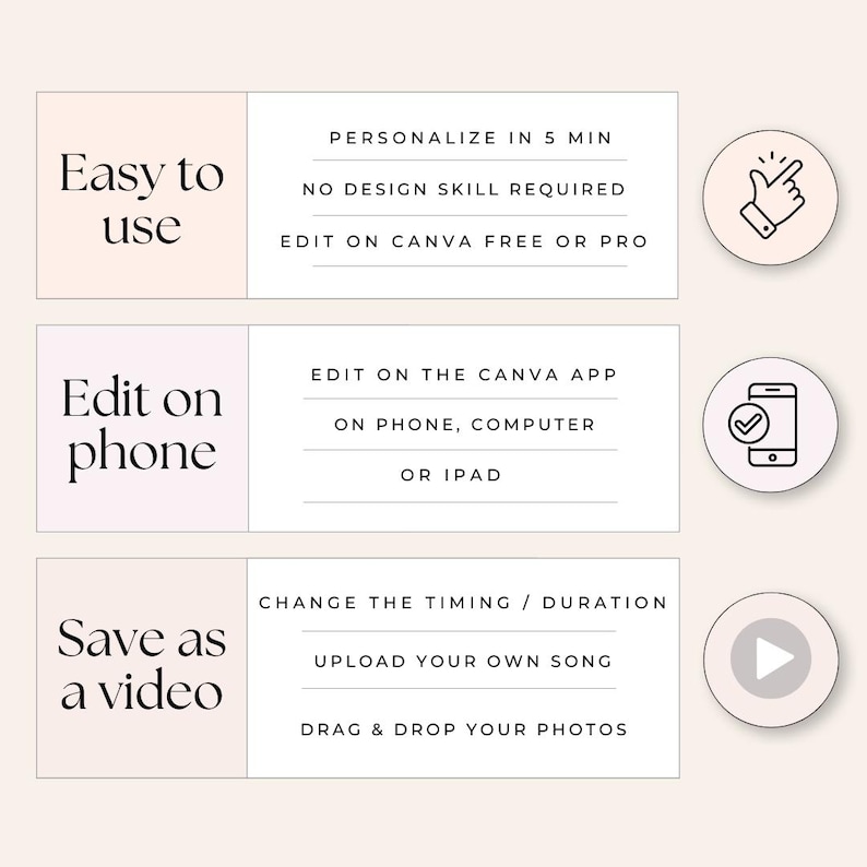 May include: A graphic with three steps to personalize a video. The first step is "Easy to use" with a hand pointing to a screen. The second step is "Edit on phone" with a phone icon. The third step is "Save as a video" with a play button icon. The text says "Personalize in 5 min", "No design skill required", "Edit on Canva free or pro", "Edit on the Canva app", "On phone, computer or iPad", "Change the timing / duration", "Upload your own song", and "Drag & drop your photos".