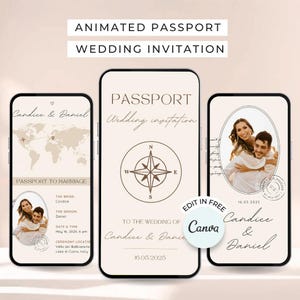 Digital Wedding Invitation Video Passport Destination Wedding invite, Digital Save the date Video editable in Canva, Digital invitation