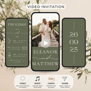 Digital Wedding Invitation Video Save the Date template editable in Canva Sage green Wedding invite template hochzeitseinladung digital