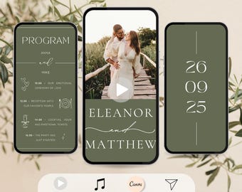 Faire-part vidéo de mariage vert sauge, modifiable « Réservez la date » (toile)