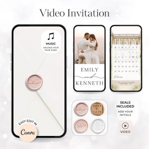 Puede incluir: Diseño de invitación de boda digital con tres maquetas de teléfonos inteligentes. Uno muestra una foto de una pareja, otro un calendario y el tercero un icono de música. Incluye diseños de sellos de cera e instrucciones de edición de Canva.
