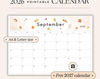 2026 Wall Calendar Printable calendar Printable planner Monthly Calendar Sunday & Monday Start A4 and Letter Size Desk calendar printable