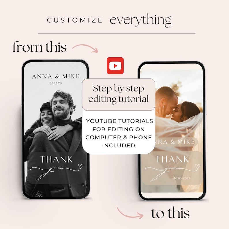 May include: A digital mockup of a wedding invitation template on a smartphone screen. The template features a black and white photo of a couple, the text "ANNA & MIKE" and "THANK YOU", and the date "16.05.2024". A separate box on the screen advertises a step-by-step editing tutorial for the template.