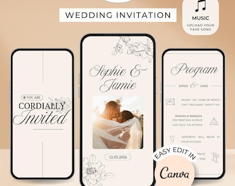 Puede incluir: Diseño de invitación de boda digital que se muestra en tres teléfonos inteligentes. El diseño incluye el texto "Invitación de boda", "Sophie & Jamie" y "Programa". La invitación presenta una foto de una pareja, detalles florales y la fecha 12.03.2026.
