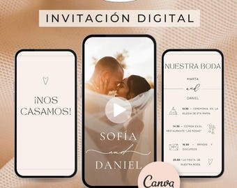 Invitaciones de boda digital Vídeo invitación Plantilla invitacion digital elegante Reserva la fecha boda en español Invitacion digital boda
