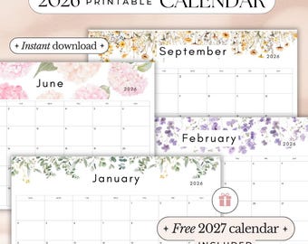 May include: A collection of printable 2026 calendars with floral designs. Each calendar page features a different month, such as June, September, February, and January, with a decorative floral border. The text "2026 Printable Calendar" is at the top.