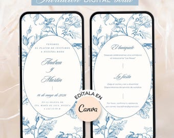 May include: Digital wedding invitation on two smartphones. The design features blue floral patterns and text in Spanish. The invitation includes details about the wedding ceremony, reception, and RSVP information. The Canva logo is also visible.