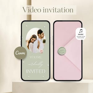 Puede incluir: Dos smartphones que muestran una invitación en vídeo. Uno muestra una pareja con el texto "You're cordially invited" y un logotipo de Canva. El otro muestra un sobre rosa con un sello de cera y un icono de nota musical.