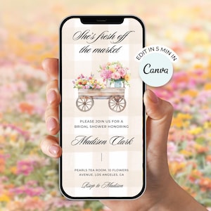Szablon zaproszenia na wieczór panieński Fresh Off the Market, Flower Cart Zaproszenie na wieczór panieński She's Off the Market, Pomysły na letni wieczór panieński