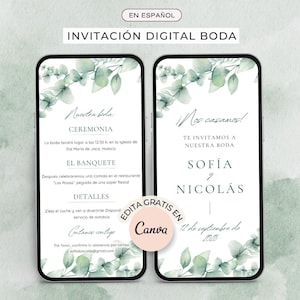 Invitación de boda digital en español Eucalipto editable en Canva. Reserva la fecha boda Digital wedding invitations Spanish Guarda la fecha
