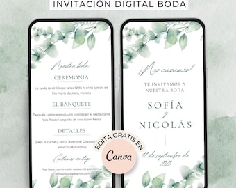 Invitación de boda digital en español Eucalipto editable en Canva. Reserva la fecha boda Digital wedding invitations Spanish Guarda la fecha