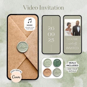 Può includere: Un modello di invito di nozze digitale con un design a busta marrone, un sigillo di cera verde con la parola "love" e un'icona a forma di nota musicale. L'invito include una foto di una coppia e il testo "You're cordially invited."