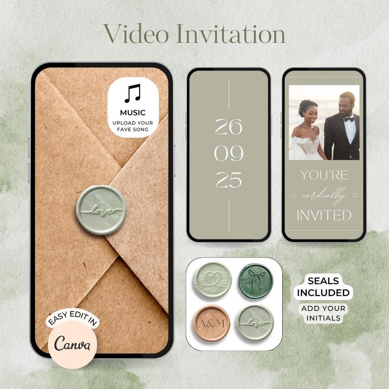 May include: A digital video invitation template displayed on three smartphone screens. The screens show a kraft paper envelope with a sage green wax seal, a date of 26 09 25, and a photo of a couple. Four circular wax seals are shown separately.