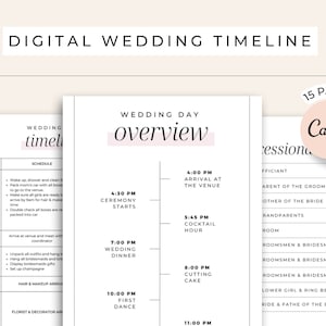 Può includere: Un modello di tempistica di matrimonio digitale con un design in bianco e nero. Il modello include una panoramica del giorno del matrimonio con un elenco di eventi e orari, come la cerimonia, l'ora del cocktail e la cena. Il modello include anche una sezione per la processione di matrimonio, con un elenco delle persone che saranno nella processione.