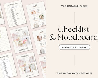 Hochzeits-Checkliste zum Ausdrucken und Vision-Board-Vorlage. Hochzeits-Moodboard-Vorlage. Hochzeitsplaner zum Ausdrucken