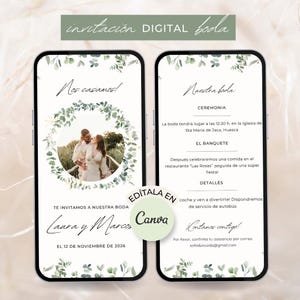 Invitación boda digital en español Invitaciones de boda originales para enviar por Whatsapp Editable en Canva Guarda la fecha boda digital