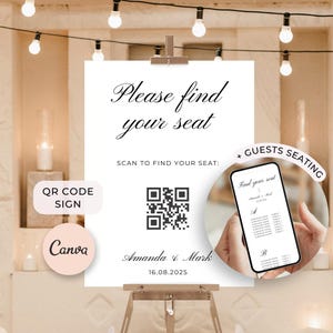 Digital Seating Chart with QR Code Sign Template. Canva Wedding Seating board. Wedding table guest seating website. Printable Wedding Signs