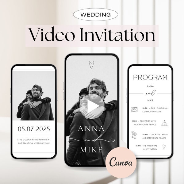 Animated Invitation, Video Save the Date Wedding Invite template, Digital Invitation editable in Canva