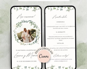 May include: Digital wedding invitation displayed on two smartphones. The left screen shows a couple in a circular floral frame with the text "Nos casamos!" and names. The right screen details the ceremony, banquet, and contact information.
