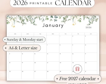2026 Kalender Druckbarer Wandkalender PDF 2026 Druckbarer Planer Tagesplaner Wandkalender JahreskalenderSonntag und Montag beginnen im A4 und Letter Format