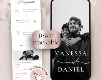 May include: A wedding invitation design featuring a black and white photo of a couple on a smartphone screen. The design includes a wedding program and a clickable RSVP. The text on the screen reads "Vanessa and Daniel".