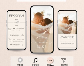 Puede incluir: Una plantilla de invitación de video para una boda con un programa, una foto de la pareja y una fecha. La plantilla es personalizable en Canva y se puede compartir fácilmente con los invitados.