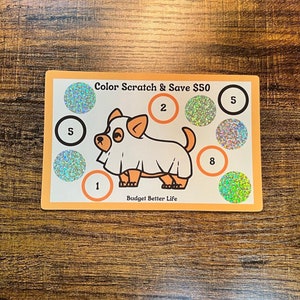 Color Scratch & Save Challenge! Ghost Dog Save 50 or 75, Savings Scratch-Off Fits A5/A6 Cash Stuffing Binder Scratch Off Savings Challenge!