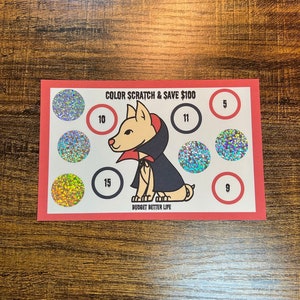 Color Scratch & Save Challenge! Vampire Dog Save 50 or 75 Savings Scratch-Off, Fits A5/A6 Cash Stuffing Binder, Scratch Off Challenge!