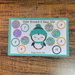 Color Scratch & Save Challenge! Winter Penguin Save 50 or 75, Savings Scratch-Off, Fits A5/A6 Cash Stuffing Binder, Scratch Off Challenge!