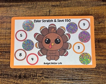 Color Scratch & Save Challenge! Turkey Save 50 or 75, Savings Scratch-Off, Fits A5/A6 Cash Stuffing Binder, Scratch Off Savings Challenge!