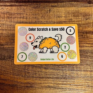 Color Scratch & Save Challenge! Taco Dog Savings, Savings Scratch-Off, Fits A5/A6 Cash Stuffing Binder, Scratch Off Savings!