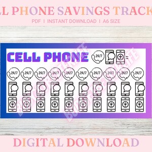 K&ouml;nnte beinhalten: Ein druckbarer digitaler Download eines Handy-Spar-Trackers. Der Tracker hat einen blauen und violetten Hintergrund mit einer wei&szlig;en Umrandung eines Handys, einer Sprechblase und einem Download-Pfeil. Der Text "CELL PHONE" ist in einem rosa und blauen Farbverlauf gehalten. Der Text "DIGITAL DOWNLOAD" befindet sich am unteren Rand der Seite.