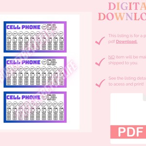 K&ouml;nnte beinhalten: Druckbarer PDF-Download von drei Handy-Tracker-Bl&auml;ttern. Jedes Blatt tr&auml;gt den Titel "CELL PHONE" und zeigt ein Raster mit 12 Handy-Symbolen, in das die Zeit, die am Telefon verbracht wurde, eingetragen werden kann. Die Bl&auml;tter sind in Blaut&ouml;nen, Lila und Rosa gehalten.