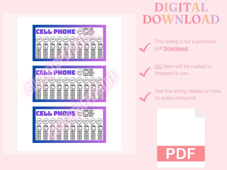 K&ouml;nnte beinhalten: Druckbarer PDF-Download von drei Handy-Tracker-Bl&auml;ttern. Jedes Blatt tr&auml;gt den Titel "CELL PHONE" und zeigt ein Raster mit 12 Handy-Symbolen, in das die Zeit, die am Telefon verbracht wurde, eingetragen werden kann. Die Bl&auml;tter sind in Blaut&ouml;nen, Lila und Rosa gehalten.