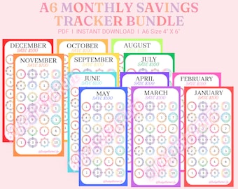 12 Month Savings Challenge Bundle! Digital Download Monthly Savings Challenge Trackers, Color & Save Tracker, Fits A6 Cash Stuffing Binder!