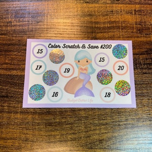 Color Scratch & Save Challenge! Purple Mermaid Scratch-Off, Save 50 or 75, Fits A5/A6 Cash Stuffing Binder, Scratch Off Savings Challenge!