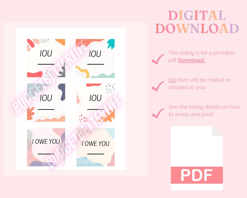 Printable IOU Card Bundle, I Owe You Slips, IOU Placeholders, Set of 6 ...