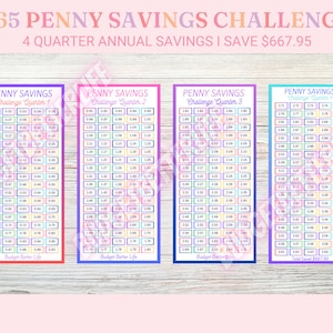 PENNY SAVINGS CHALLENGE! Printable 365 Penny Savings, Four Quarter Penny Challenge, Four A6 Size Digital Download, Save 667.95!