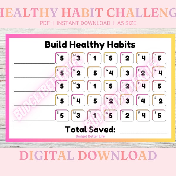 Build Healthy Habits Challenge! Two A5 Savings Challenges, Blank and Pre-Filled Amounts! Healthy Habit Tracker Savings PDF!