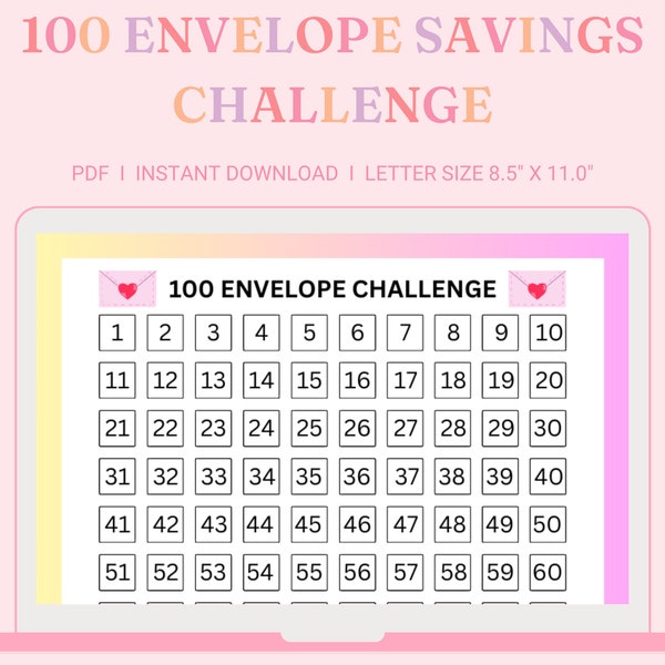 100 Envelope Challenge Tracker, 100 Envelope Savings Challenge, Savings Tracker Digital Download!