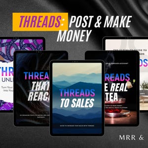 Puede incluir: Una colección de cinco portadas de productos digitales con fondo negro. Las portadas presentan imágenes de un avión, montañas, una taza de té y un diseño estilizado. El texto en las portadas incluye "Threads", "Threads That Reach", "Threads To Sales", "Reads The Real Tea" y "The Ultimate Guide To Threads".