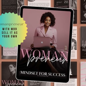 Könnte beinhalten: Ein rosa-schwarzes digitales Tablet mit dem Text "Womanpreneur" und "Mindset for Success" auf dem Bildschirm. Das Tablet ist auf ein Kapitel über die Befreiung vom Perfektionismus geöffnet. Das Bild zeigt auch mehrere andere Seiten aus demselben digitalen Buch mit Titeln wie "Deine Stärke fördern" und "Vom Vergleich zur Inspiration".