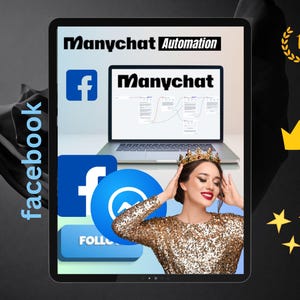 Może przedstawiać: Ekran laptopa wyświetlający schemat blokowy z tekstem "Manychat Automation" i "Manychat" na ekranie. Po lewej stronie ekranu znajduje się niebieskie logo Facebooka. Na pierwszym planie znajduje się kobieta w złotej cekinowej sukience i koronie. Tekst "facebook" znajduje się po lewej stronie obrazu.