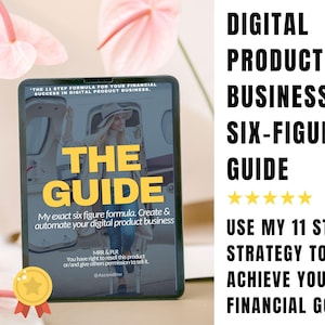 May include: A digital product business guide with the title "The Guide" on a laptop screen. The guide promises to help you create and automate your digital product business using a six-figure formula. The text "Use my 11 step strategy to achieve your financial goals" is also visible on the image.