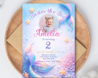 Mermaid Birthday Invitation | Under The Sea Photo, Editable Canva Template (5x7 Digital Download)