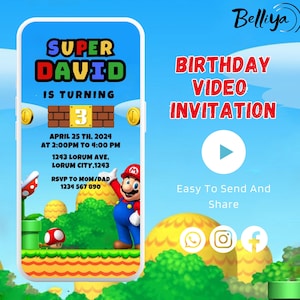 Invito video di Super Mario Bros, Invito video di compleanno di Super Mario, Invito video per bambini di Mario Bros, Invito digitale personalizzato di Mario
