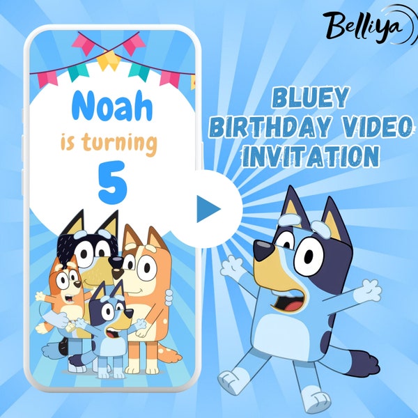 Invitation vidéo d'anniversaire Bluey, invitation d'anniversaire pour enfants, invitations numériques bluey, invitation d'anniversaire Bluey, vidéo d'anniversaire