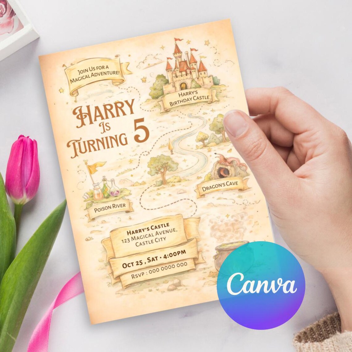 Map Party Invite Wizard Birthday Invitation Template Canva | Magical Map Party Invite ...